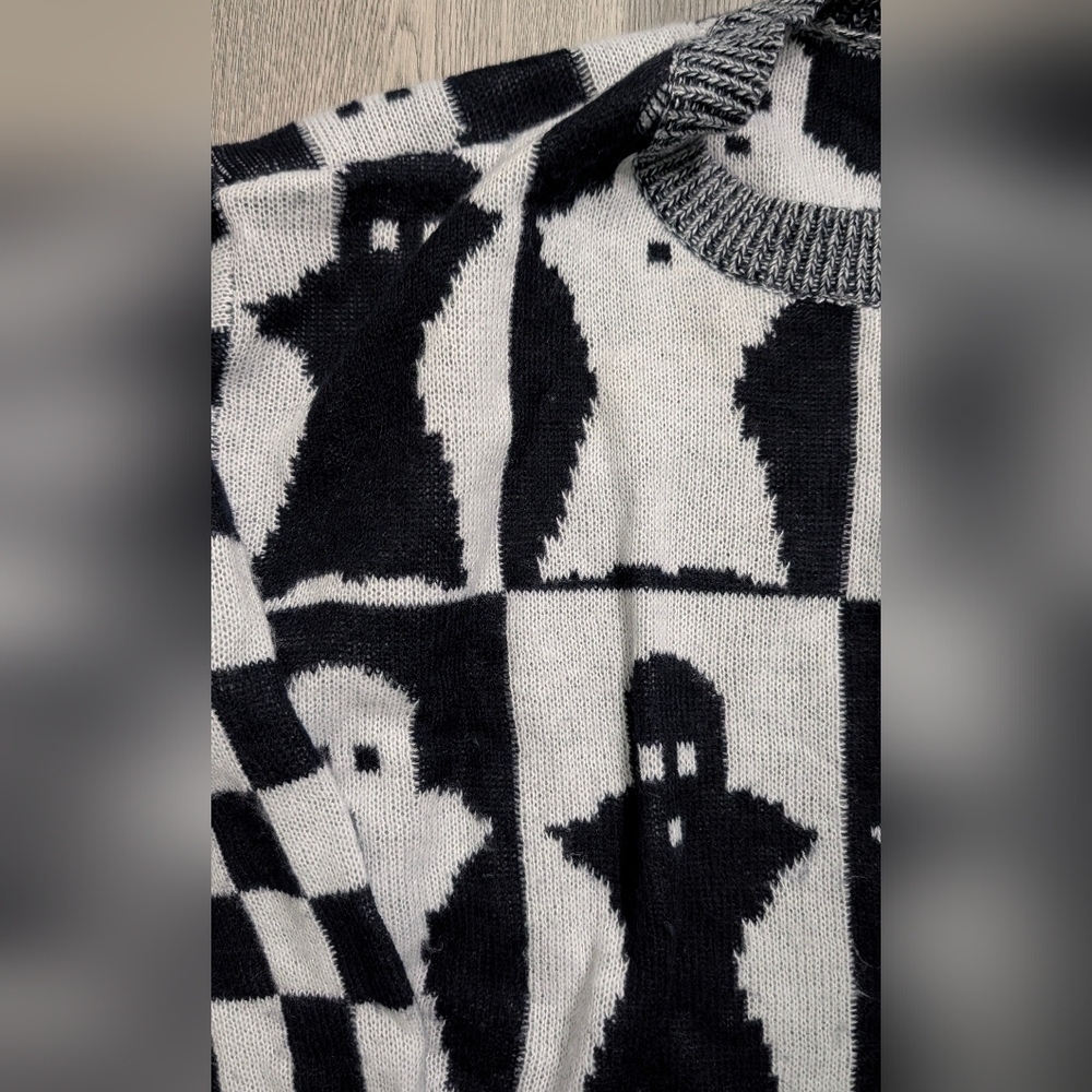 Ghost Checkerboard Sweater Black White Spooky Goth Halloween Knit Large - Picture 13 of 13